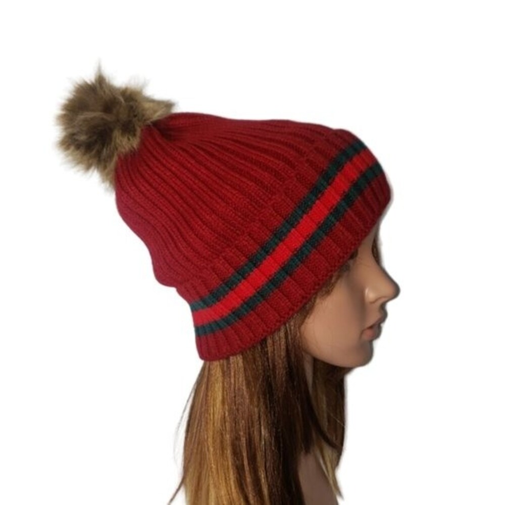 MAROON WINTER FAUX FUR POM POM HAT